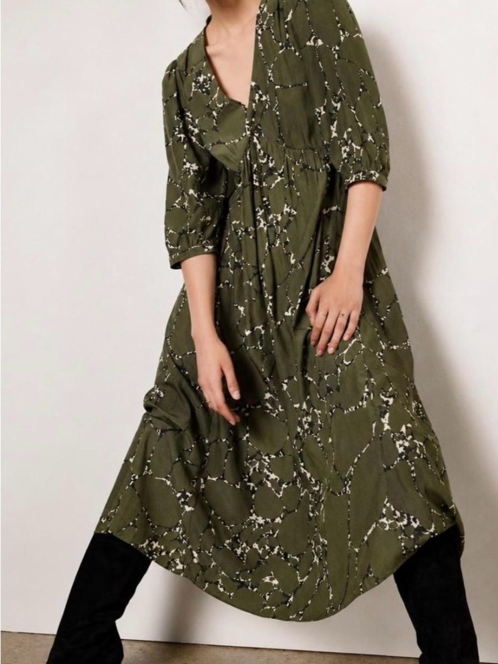ba&sh Mosiris Green Printed V‑Neck Midi Dress